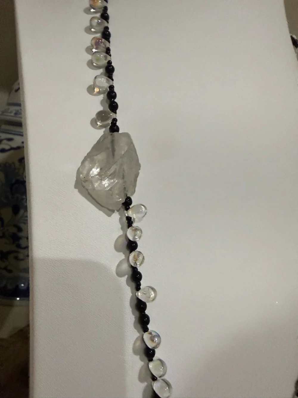 Long Black Beaded Necklace With Rock Crystal and Iridescent Beading